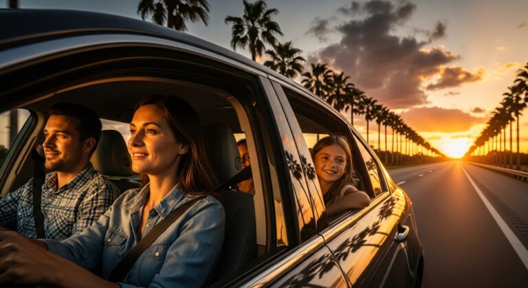 Driving at sunset with palm trees.
