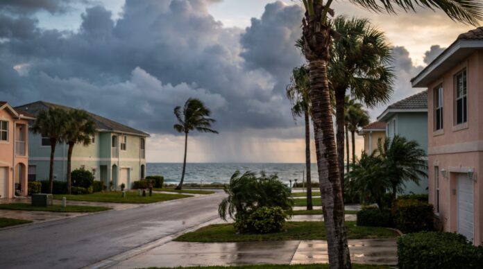 Dramatic dark storm clouds gathering over a quiet Florida coastal neighborhood of stucco homes
