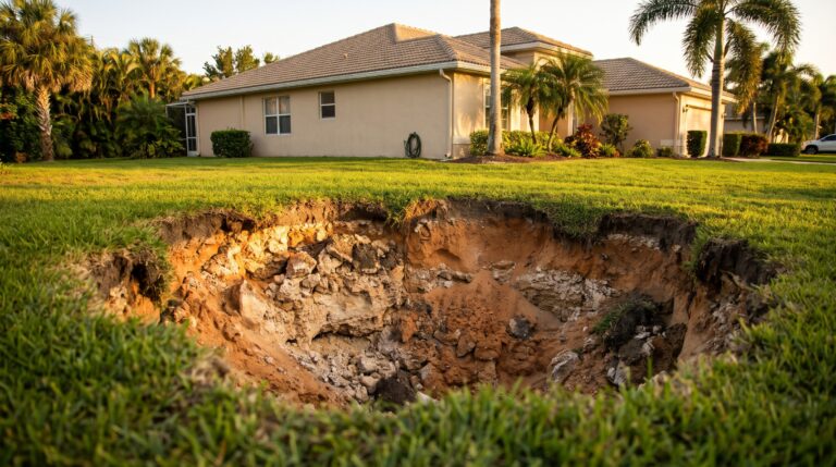 A collapsed sinkhole opening in the green lawn of a suburban Florida yard a few yards from a single-story stucco home