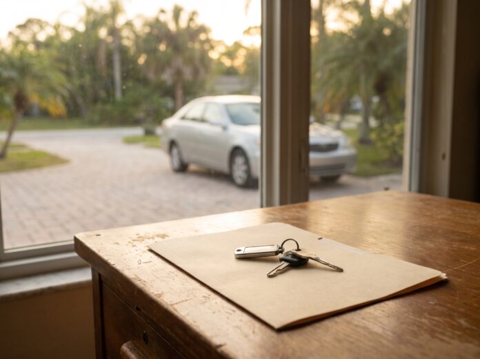 A set of car keys resting on a blank folder of paperwork on a wooden desk beside a window that looks out on an empty paver driveway
