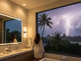 Woman in bathroom watching lightning storm