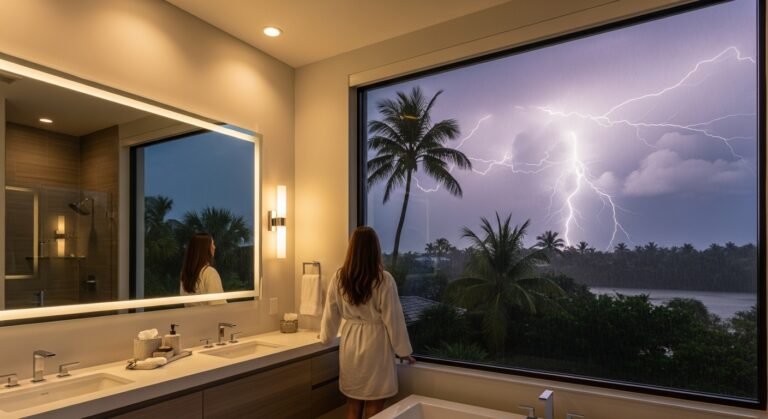 Woman in bathroom watching lightning storm