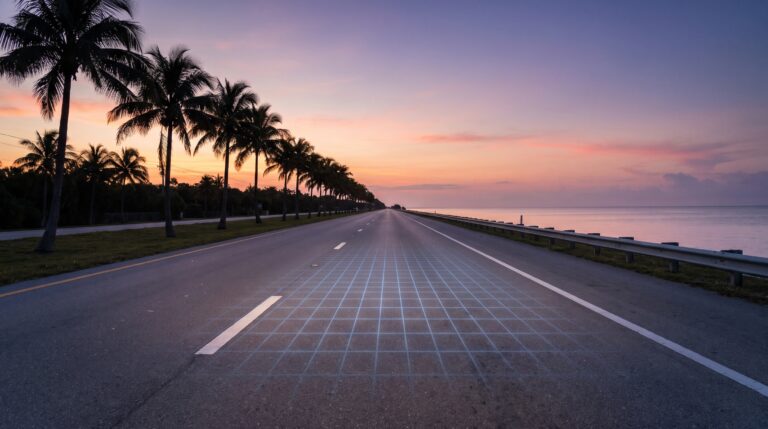 An empty Florida coastal highway at dusk seen from low driver height
