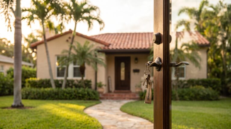A welcoming single-story Florida home with a front door standing slightly open