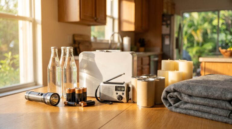 An emergency preparedness kit laid out on a kitchen table: flashlight