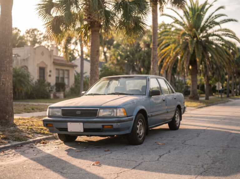 An older well-kept generic sedan with slightly faded paint parked on a quiet Florida residential street lined with palm trees