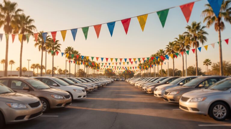 Rows of fictional generic new cars of no real make with smooth blank grilles and no emblems under colorful plain pennant flags on a Florida car dealer