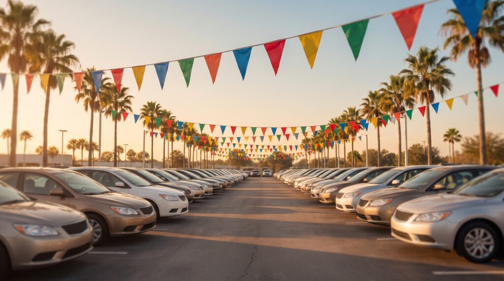 Rows of fictional generic new cars of no real make with smooth blank grilles and no emblems under colorful plain pennant flags on a Florida car dealer