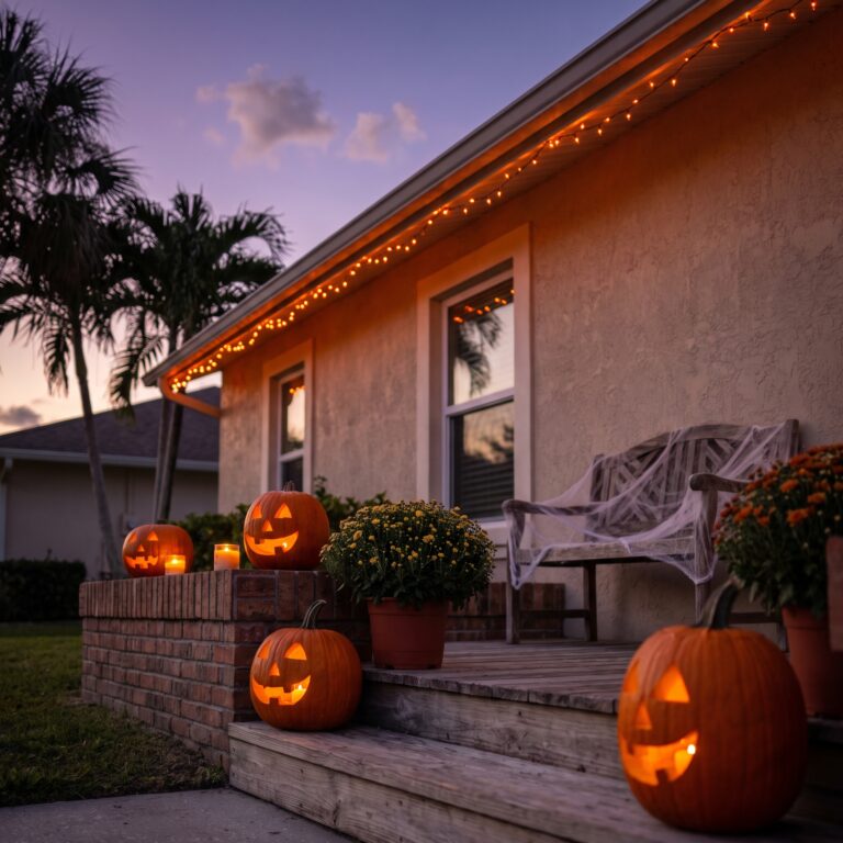 A suburban Florida front porch decorated for Halloween at dusk: carved pumpkins on the steps