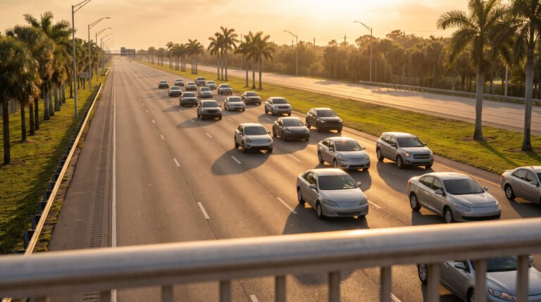 A wide multi-lane Florida interstate highway seen from an overpass at golden hour