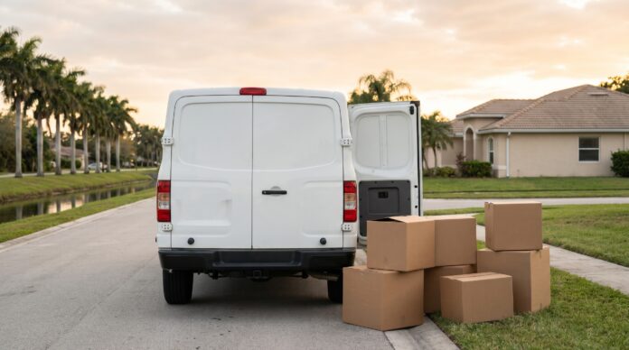 Cardboard moving boxes stacked at the curb beside the open rear doors of a plain white cargo van seen from directly behind