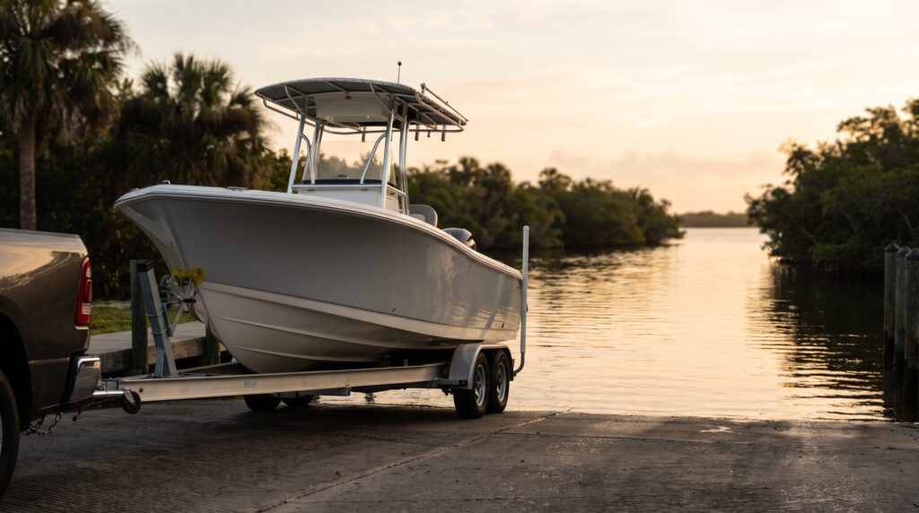 Common Boat Towing Mistakes in Florida A center-console fishing boat on a trailer being backed down a Florida boat ramp