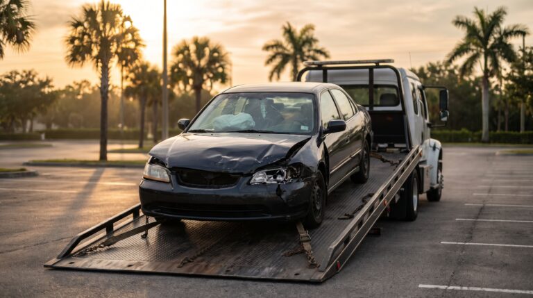 A heavily damaged generic sedan with a crumpled front end and deployed airbags strapped on a flatbed tow truck in a Florida parking lot