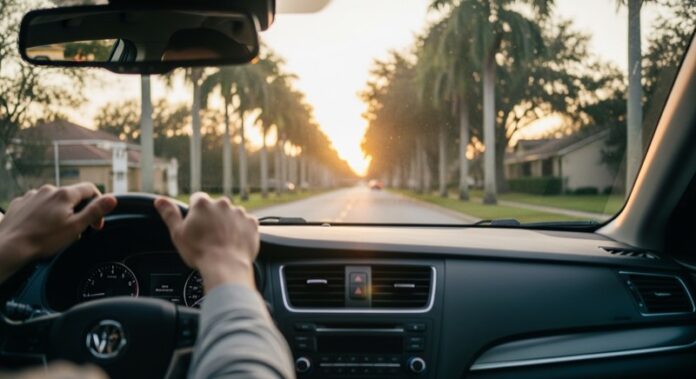 Florida driver's perspective through windshield on a quiet Orlando road lined with palm trees at golden hour