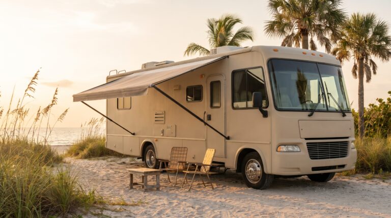 An unbranded Class A motorhome parked at a Florida beachside campsite with its awning extended