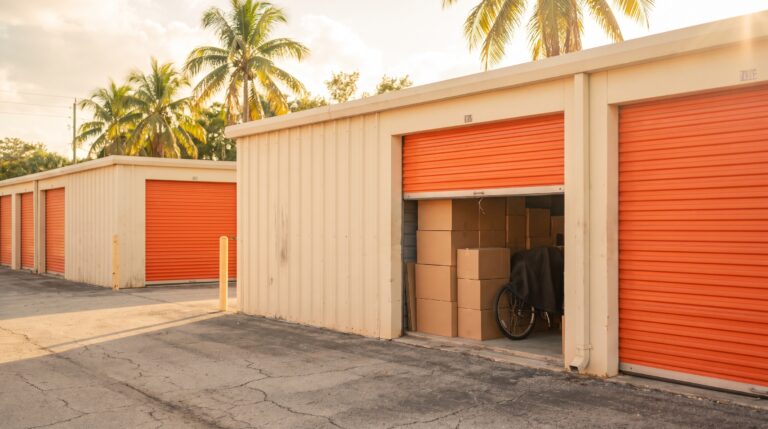 A row of self storage units with orange roll-up doors in bright Florida sunlight